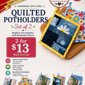 May include: A set of two square quilted potholders featuring a blue and white patchwork design with a daisy motif and a bright yellow border. The potholders are triple insulated, made of 100% cotton, and are machine washable for kitchen use.