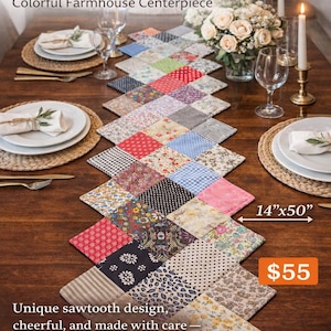 May include: Handmade patchwork table runner with a colorful patchwork design. The table runner is 14 inches by 50 inches and is a cottagecore quilted table decor. The table runner is a beautiful accent for your home.