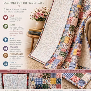 Könnte beinhalten: Eine Patchwork-Decke mit verschiedenen floralen und karierten Stoffquadraten in Rot, Blau, Gelb und Grün. Die Decke hat eine weiße Rückseite mit Freihand-Steppmuster und enthält den Text A Quilt Wrapped in PRAYER.
