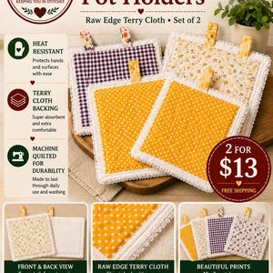 May include: A set of two square quilted hot pads and pot holders featuring raw edges, white lace trim, and hanging loops. The fabric patterns include yellow with white dots, purple gingham, and floral prints, with a terry cloth backing.