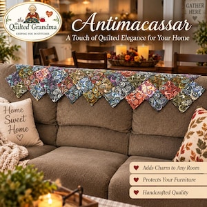 May include: A decorative fabric antimacassar featuring a multi-colored paisley pattern with triangular edges, draped over the back of a brown sofa. The textile displays intricate swirls in shades of blue, green, red, and gold across its surface.