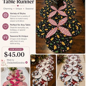 May include: Variety Circle Design Table Runner with charming, unique, and seasonal designs. The image shows a table runner with a black background and gingerbread men, candy canes, and Christmas trees. The runner is made in the USA.