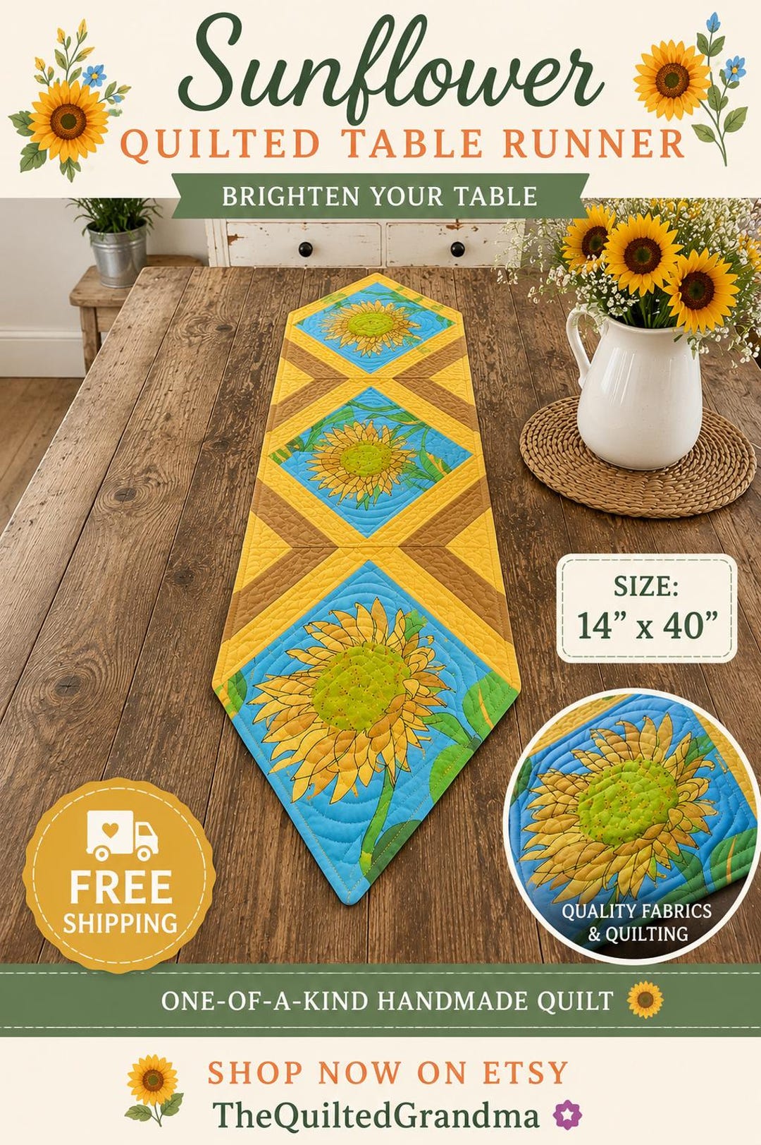 Sunflower Quilted Table Runner - Etsy