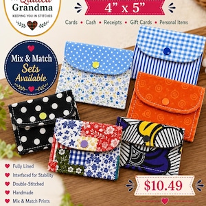 May include: A collection of six small fabric pocket organizers measuring 4 inches by 5 inches. Each pouch features a flap with a snap closure and various patterns including blue gingham, floral prints, black with white polka dots, and geometric designs.