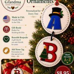 Personalized Felt Initial Ornament | Monogram Christmas Tree Decoration | Machine Embroidered