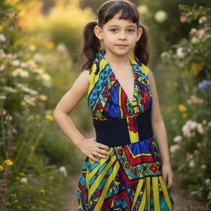 May include: A young girl wearing a vibrant, patterned dress with a halter neckline and a dark blue waist. The dress features a colorful geometric design in yellow, blue, and red. The girl is standing outdoors in a garden setting.