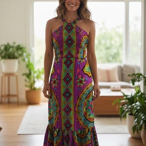 May include: A halter-neck maxi dress with a vibrant, colorful pattern. The dress features a purple background with a repeating design of diamonds, flowers, and geometric shapes in shades of green, yellow, and blue. The dress has a ruffled hem.