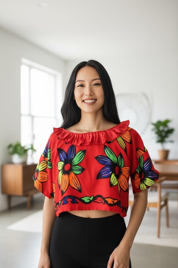 Red Paruma Crop Top with Ruffle Neckline