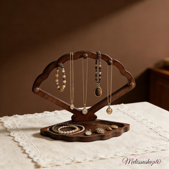 Creative Wooden Fan-Shaped Jewelry Stand, Necklace Stand With 5 Hooks & Tray, Minimalist Organizer for Bracelets Rings Earrings,Vanity Decor