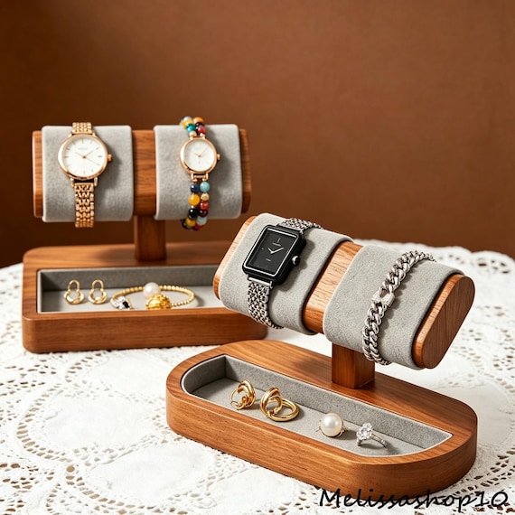 Handmade Solid Wood Watch Stand & Jewelry Organizer, Nightstand Storage, Desktop Bracelet Holder, Men's Wooden Watch Rest, Halloween Gift.