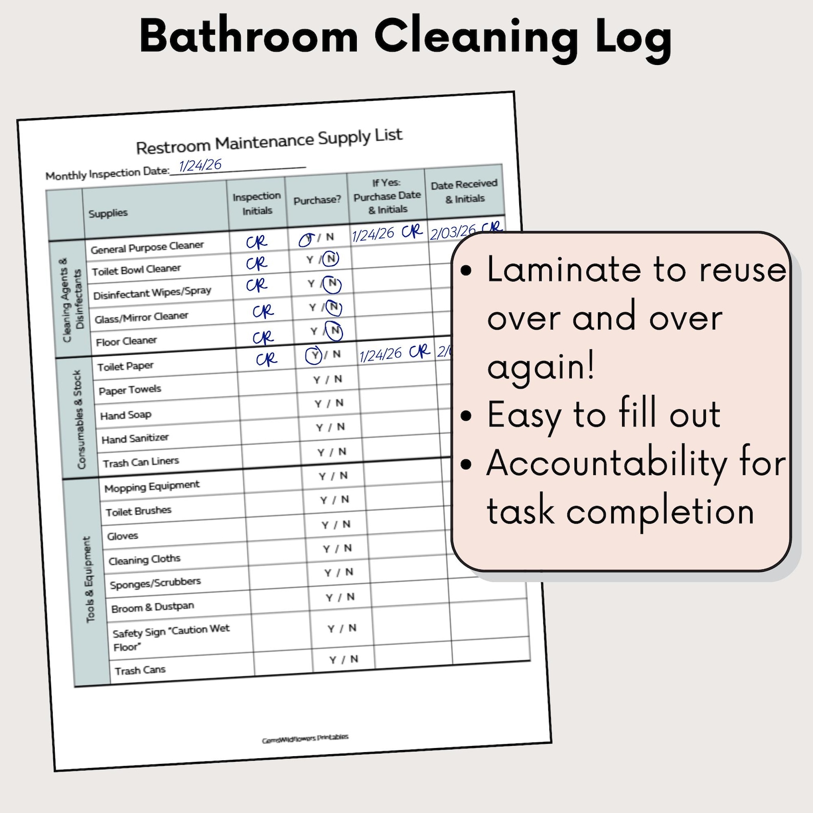 Restroom Bathroom Cleaning Log Checklist Printable PDF, Small Business