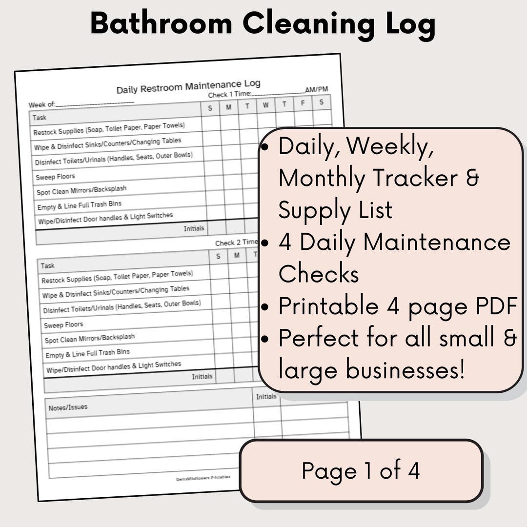 Small Business Restroom Bathroom Cleaning Log Checklist Printable PDF