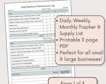 Restroom Bathroom Cleaning Log Checklist Printable PDF, Small Business Maintenance Bathroom, Employee Bathroom Cleaning Schedule