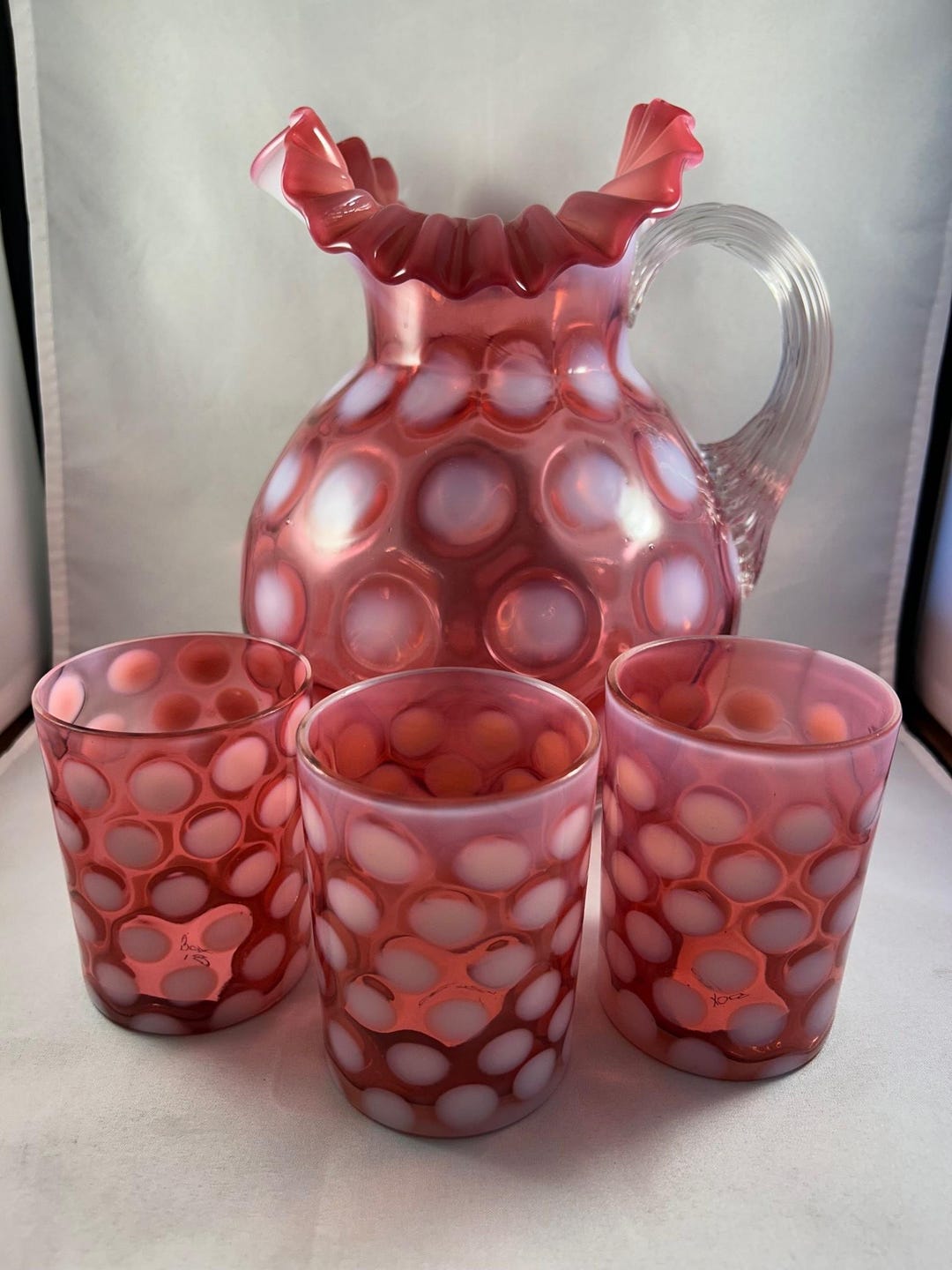 Fenton Cranberry Opalescent Coin Dot Optic Ruffled Pitcher With Three ...