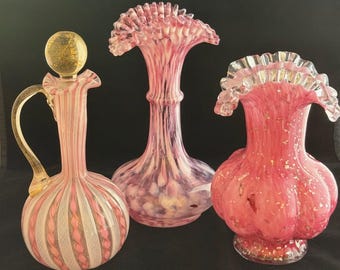 Vintage Pink & White Art Glass Ruffle Top Vase, Vintage English Spangle Art Glass Vase, Vintage Venetian Murano Pink/ White Pattern Cruet