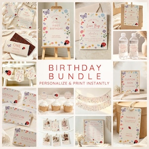 Könnte beinhalten: Ein Geburtstagsdekorationsset mit Marienkäfer- und Blumenmotiven. Es enthält bedruckte Schilder, Cupcake-Topper, Banner, Wasserflaschenetiketten und Dankeskarten mit Texten wie Amelia's First Birthday und Love Bug.