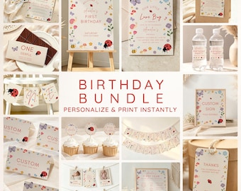 May include: A birthday party decoration bundle featuring a ladybug and floral theme. Items include invitations, signs, water bottle labels, cupcake toppers, a banner, and photo cards with text like Amelia's First Birthday and Our Little Love Bug.