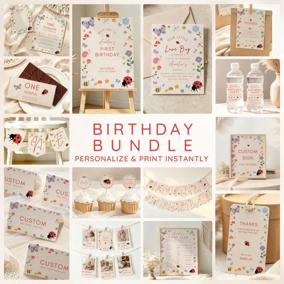 Little Love Bug Birthday Party Bundle, Editable Canva Templates, Vintage Ladybug Girl 1st Birthday Invite Suite, Digital Download