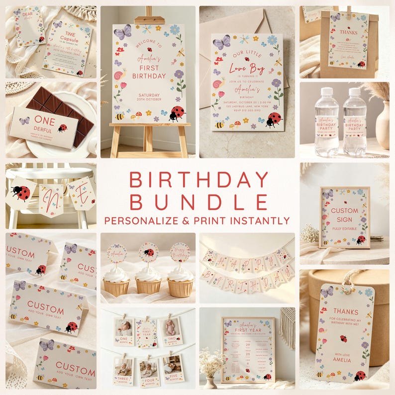 Little Love Bug Birthday Party Bundle, Editable Canva Templates, Vintage Ladybug Girl 1st Birthday Invite Suite, Digital Download image 1