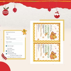 May include: A festive Christmas dinner invitation design with a gingerbread man and holiday ornaments. The invitation includes the text "Christmas Dinner" and "The Emma's Home". The design is set up to print multiples per page.