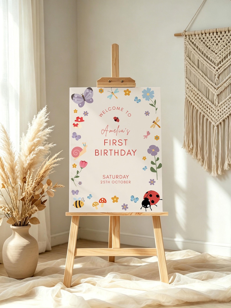Little Love Bug Birthday Party Bundle, Editable Canva Templates, Vintage Ladybug Girl 1st Birthday Invite Suite, Digital Download image 3