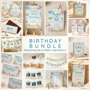 May include: A digital birthday party bundle featuring sea creature illustrations including whales, octopuses, and turtles. The set includes invitations, banners, cupcake toppers, water bottle labels, and signage with text like Oneder the Sea.