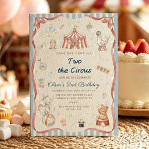 Two The Circus Birthday Invitation, Vintage Carnival 2nd Birthday Invite, Editable Canva Template, Printable and Digital Evite-CBR