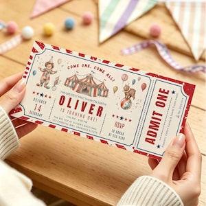 Carnival Ticket Birthday Invitation, Red Circus Admit One Invite, Editable Canva Template, Printable Ticket Card - CBR