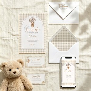 Teddy Bear Invitation Suite & Mobile Evite Template Bundle, Bearly Wait Digital Text Invite Set, Editable Canva Template