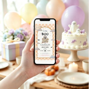 Little Boo Is Almost Due Invitation, Checkered Ghost Baby Shower Invite Template, Retro Fall Autumn Card Phone Evite,Editable Canva Download