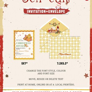 May include: A festive Christmas invitation and envelope set. The invitation is 5x7 inches, and the envelope is 7.3x5.3 inches. The design features a gingerbread man and a Christmas dinner theme. The text reads "Self edit" and "Invitation + Envelope".