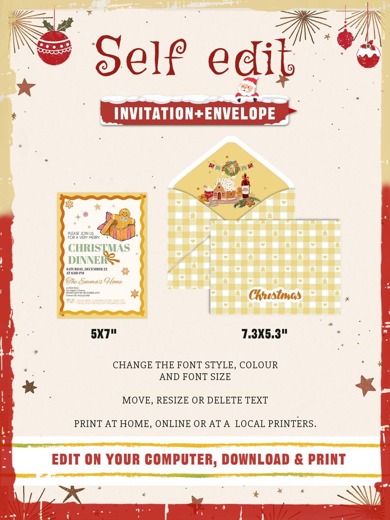 May include: A festive Christmas invitation and envelope set. The invitation is 5x7 inches, and the envelope is 7.3x5.3 inches. The design features a gingerbread man and a Christmas dinner theme. The text reads "Self edit" and "Invitation + Envelope".