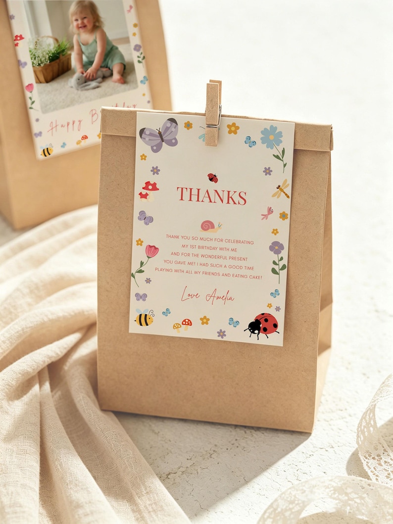 Little Love Bug Birthday Party Bundle, Editable Canva Templates, Vintage Ladybug Girl 1st Birthday Invite Suite, Digital Download image 15