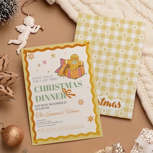 May include: Christmas dinner invitation with a gingerbread man graphic. The invitation has a yellow border and includes the text "Christmas Dinner" and event details. A matching patterned card is visible. Festive decorations surround the cards.