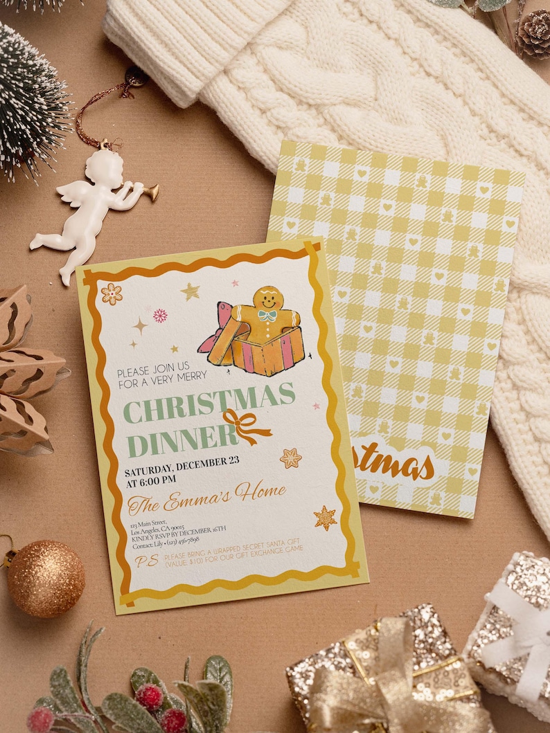 May include: Christmas dinner invitation with a gingerbread man graphic. The invitation has a yellow border and includes the text "Christmas Dinner" and event details. A matching patterned card is visible. Festive decorations surround the cards.