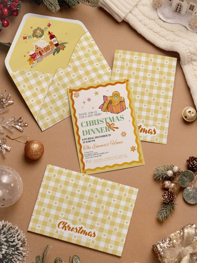 May include: A set of Christmas-themed stationery, including an invitation, two cards, and an envelope. The invitation features a gingerbread man and the text "Christmas Dinner." The stationery has a yellow and white gingham pattern and festive illustrations.