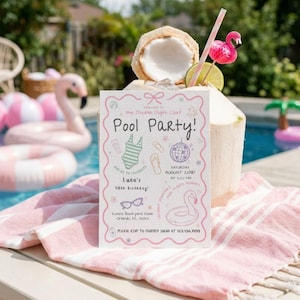 May include: A rectangular white invitation card with a pink scalloped border featuring illustrations of a swimsuit, disco ball, sunglasses, and flamingo float. The text reads: Welcome to the Double Digits Club, Pool Party, Luna's 10th Birthday, Saturday August 22nd at 3:00 PM.