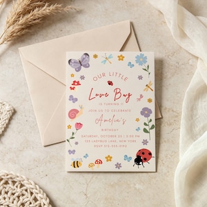 Little Love Bug Birthday Party Bundle, Editable Canva Templates, Vintage Ladybug Girl 1st Birthday Invite Suite, Digital Download image 2