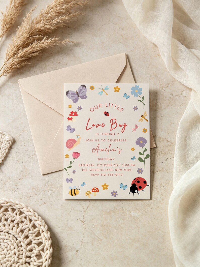 Little Love Bug Birthday Party Bundle, Editable Canva Templates, Vintage Ladybug Girl 1st Birthday Invite Suite, Digital Download image 2