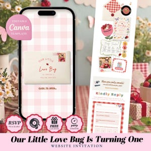 Pode incluir: Um modelo de convite digital para um primeiro aniversário com fundo xadrez rosa, um envelope virtual com o texto Our Little Love Bug Is Turning One e vários elementos de planejamento, como uma linha do tempo e formulário RSVP.