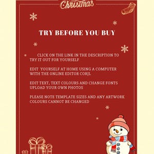 May include: A festive Christmas-themed graphic with a red background and cream-colored border. The text "Very Merry Christmas" is at the top. The image includes snowflakes, a snowman, gift boxes, and the text "Try Before You Buy."
