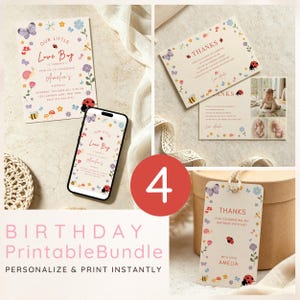 Könnte beinhalten: Ein druckbares Geburtstagsset mit einer cremefarbenen Einladung, Dankeskarten und einem Geschenkanhänger. Die Designs zeigen bunte Illustrationen von Marienkäfern, Schmetterlingen, Bienen, Schnecken und Blumen mit dem Text Our Little Love Bug.