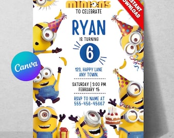Minions Birthday Invitation Template, Kids Party Invite, Editable Canva (Digital Download)