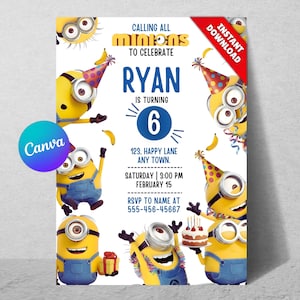 Plantilla de invitación de cumpleaños de los Minions, invitación para fiesta infantil, editable en Canva (descarga digital)