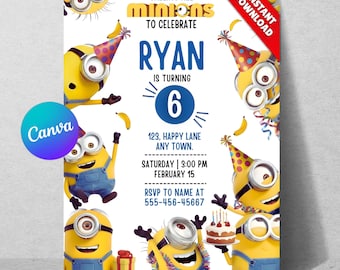 Minions Birthday Invitation Template, Kids Party Invite, Editable Canva (Digital Download)