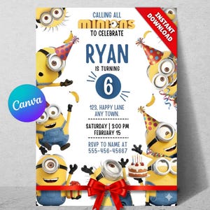 Minions Birthday Invitation Template, Kids Party Invite, Editable Canva (Digital Download)