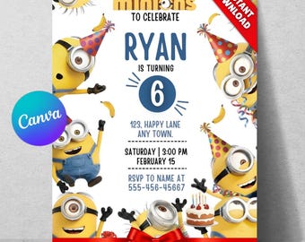 Modello di invito di compleanno dei Minions, invito per festa per bambini, modificabile su Canva (download digitale)
