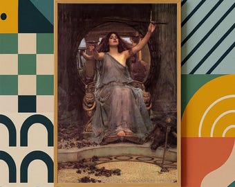 May include: Framed print of a classical painting depicting a woman in a flowing gown seated on a throne. The artwork features muted tones of gray, gold, and brown, with the woman holding an object aloft. The background includes a circular mirror.