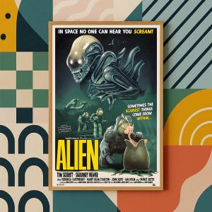 Puede incluir: Póster enmarcado de la película "Alien". El póster presenta una criatura alienígena amenazante con una cabeza metálica, sobre un fondo oscuro y atmosférico. El título "Alien" se muestra de forma destacada, junto con el reparto de la película.