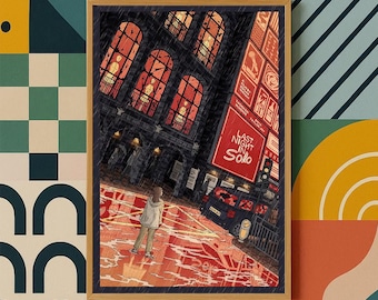 May include: A framed art print depicting a rainy night scene with a person standing on a wet street. The artwork features a building with large windows and a sign that reads "Last Night in Soho". The color palette includes red, black, and orange.